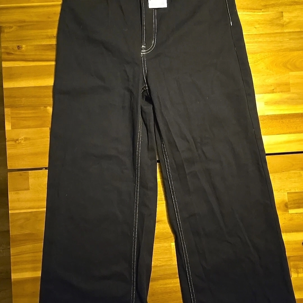 H&M Divided Dark Navy Hi Rise Wide Leg Jeans With White Contrast Stitching